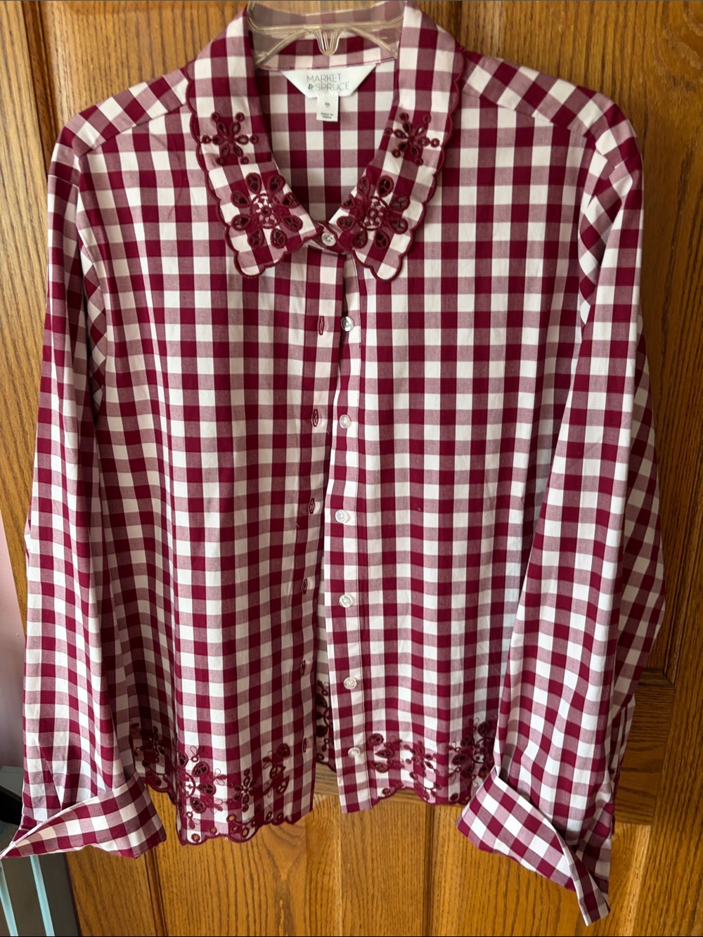 Market & Spruce Burgundy and White Gingham Button-Up Blouse
